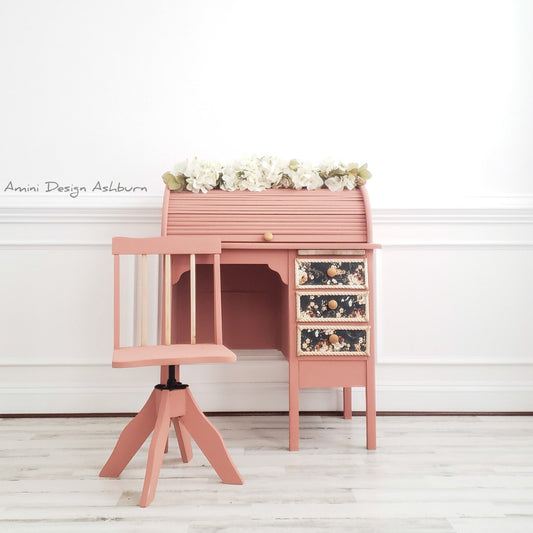 Petite Roll-Top Desk with Library Chair in "Peachy Keen"