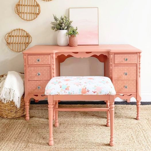 Desk/Vanity in "Peachy Keen" with Floral Stool