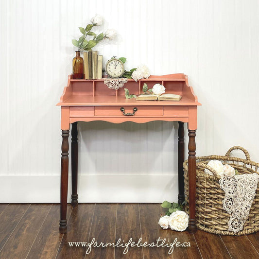 Petite Desk in Peachy Keen with Dark Wood Legs