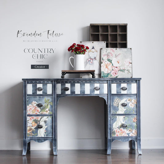 Dry brushed striped floral painted desk in navy blue chalk furniture paint