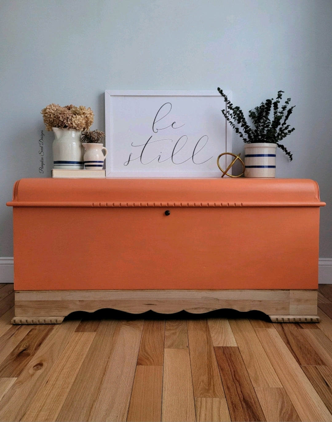 Bright orange painted cedar hope chest