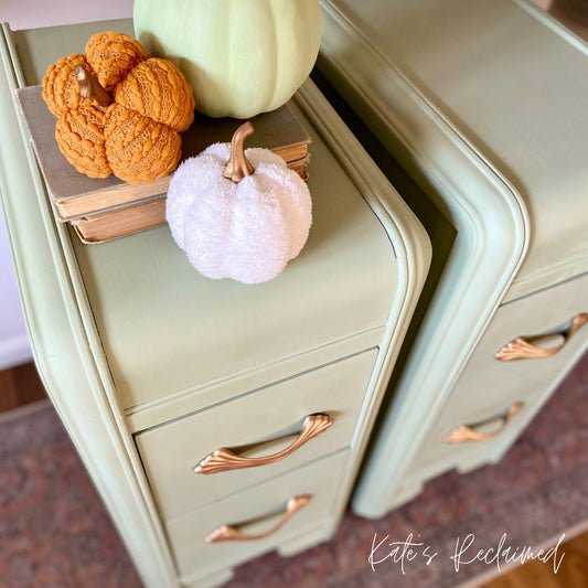 Sage green waterfall nightstands end tables upcycled from vanity with fabric pumpkins