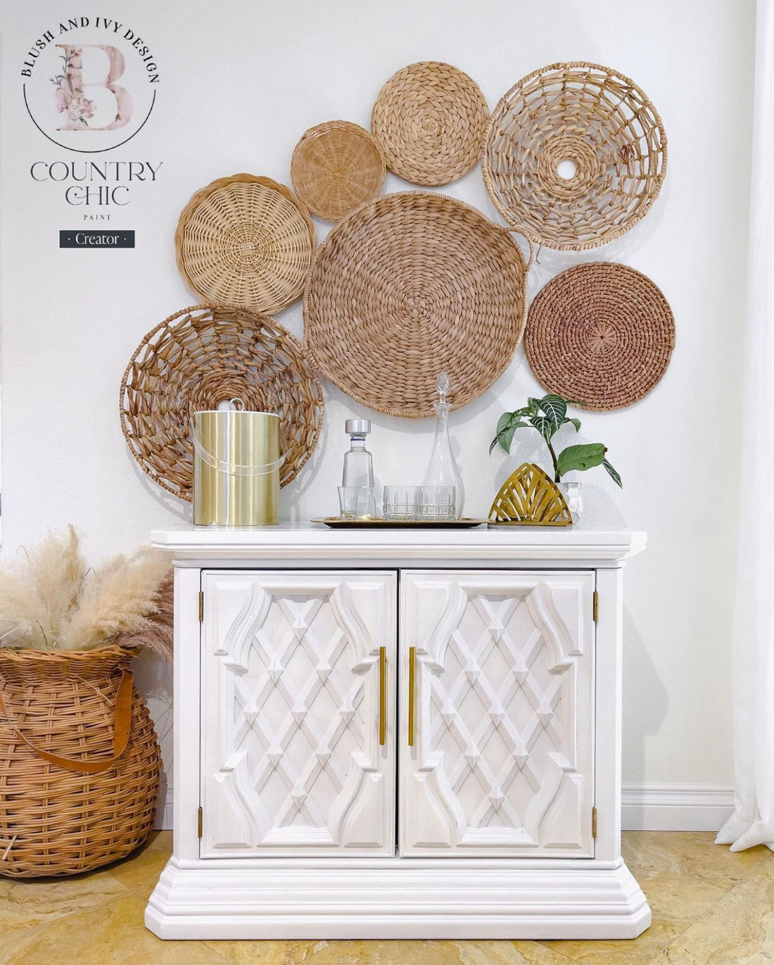 White cross hatch pattern cabinet with woven basket wall decor