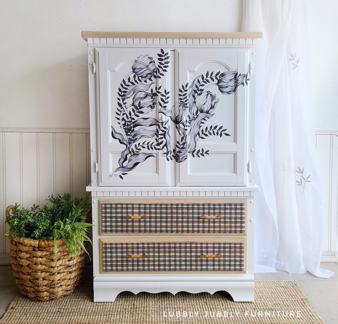 White painted wardrobe with plaid check pattern and floral transfers