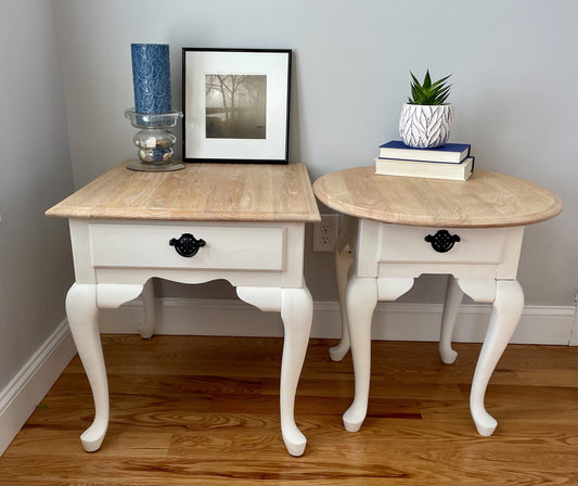 White painted queen anne side tables oval and square