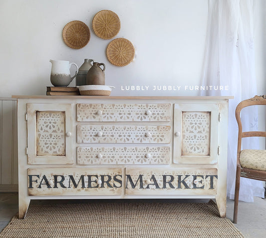 White and brown blended farmer's market dresser with stencil patterns