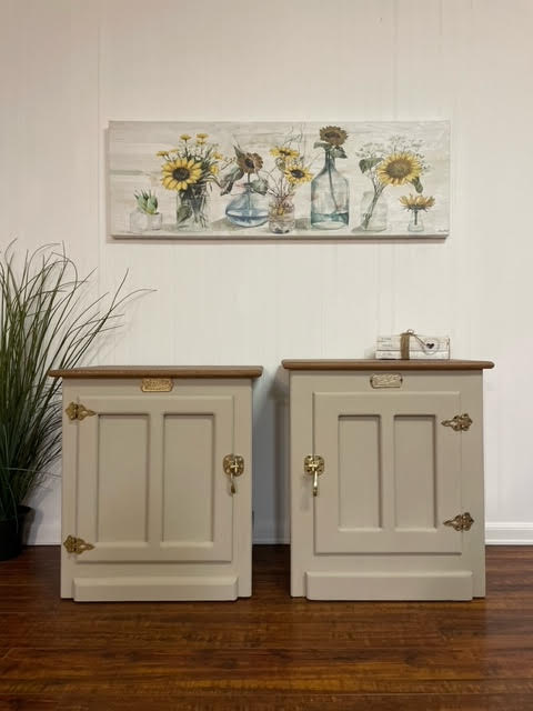 Beige taupe painted nightstands end tables with sunflower artwork