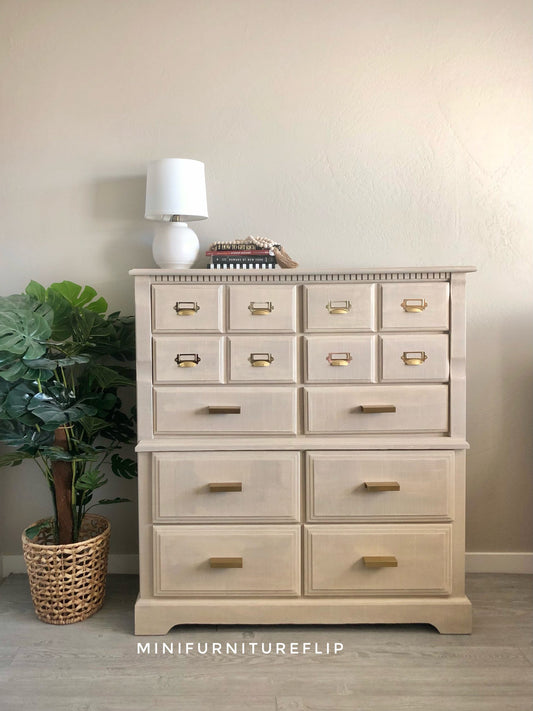 Beige Taupe painted dresser with gold catalog card pulls