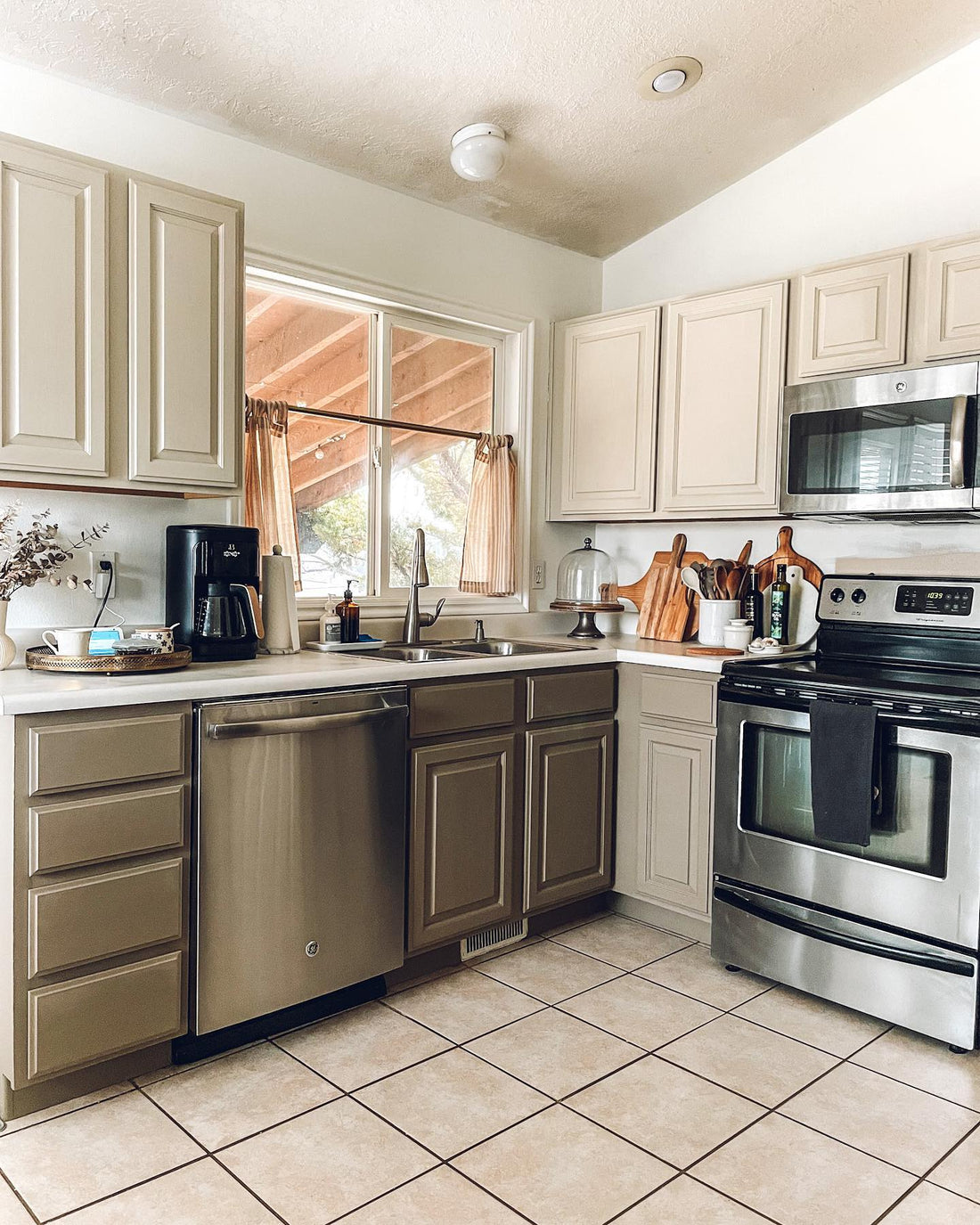 Kitchen cabinets painted brown and beige greige with chalk furniture paint