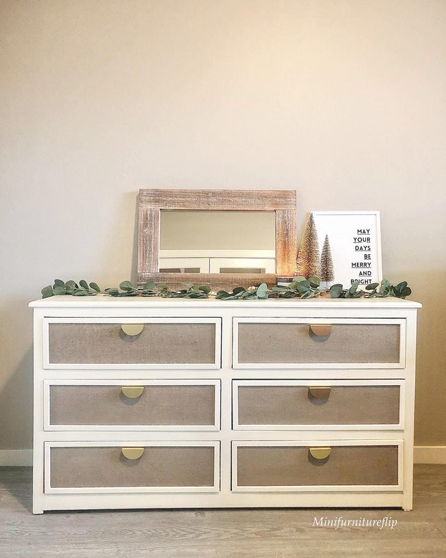 Off white dresser with burlap drawers and modern minimalist gold half circle pulls