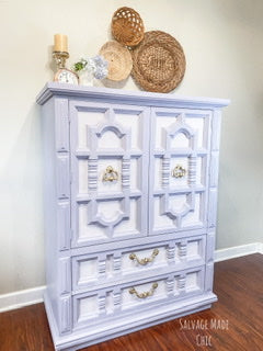 Detailed 70s style armoire wardrobe painted pastel purple