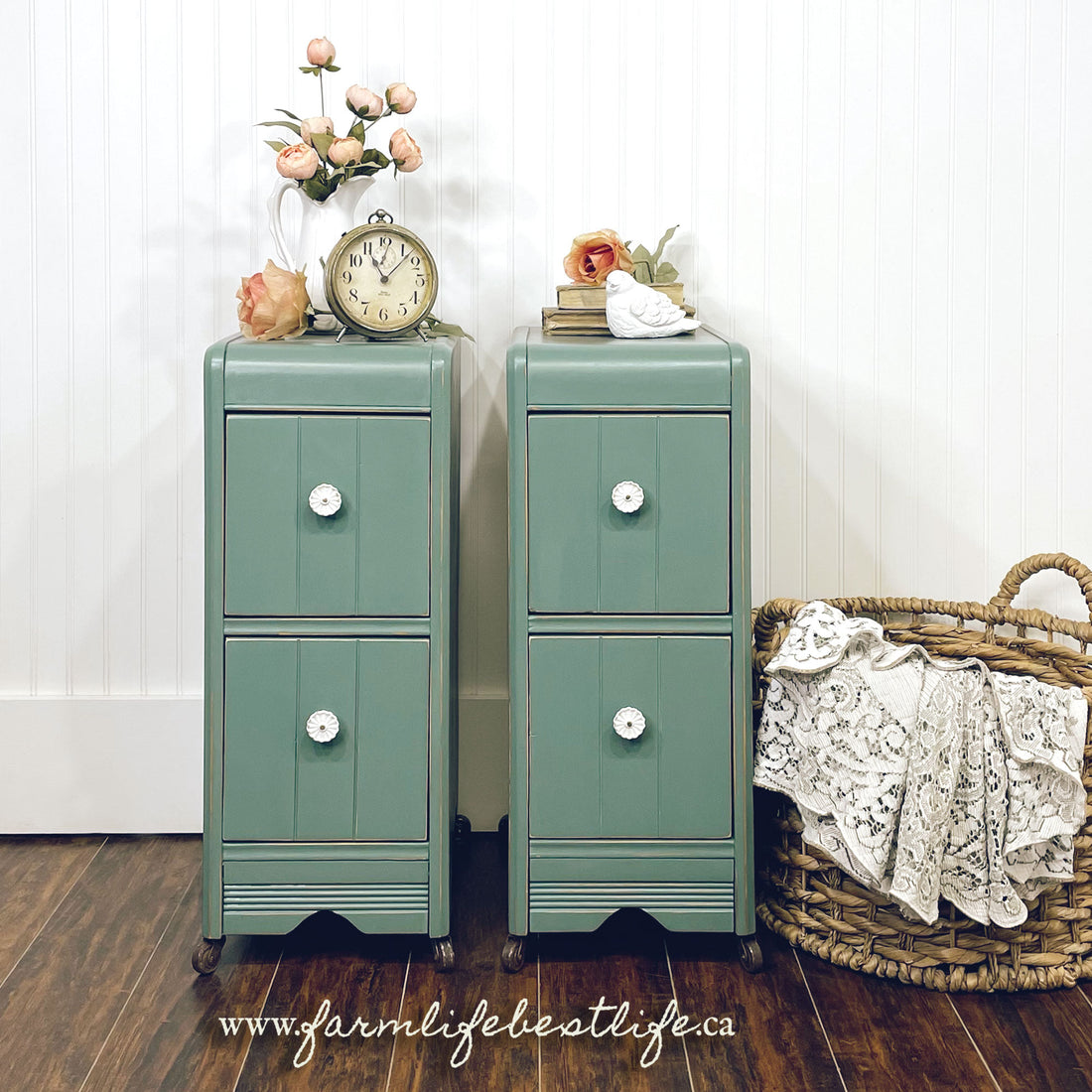 Pair of Accent Tables in "Wanderess" with White Ceramic Knobs