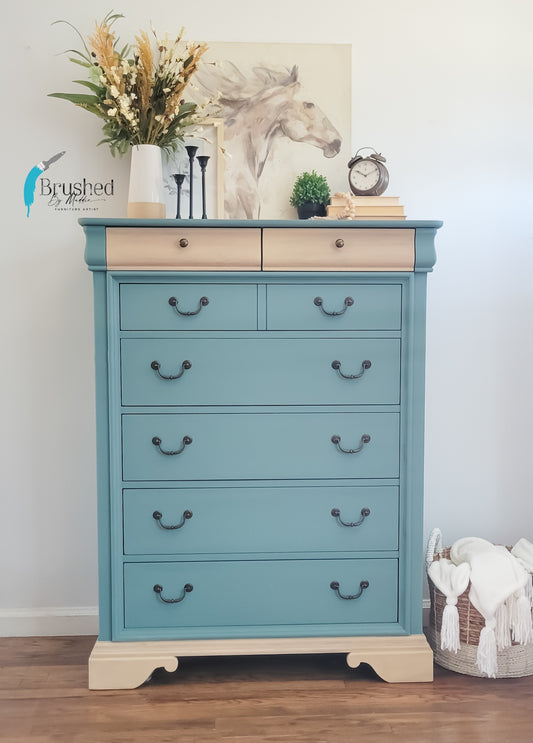 Teal blue tallboy dresser with light natural wood accents