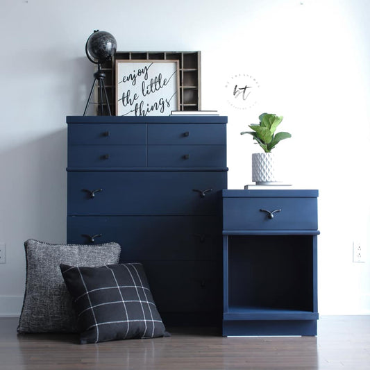 Tall Dresser and Accent Table set in Peacoat with Black Wax