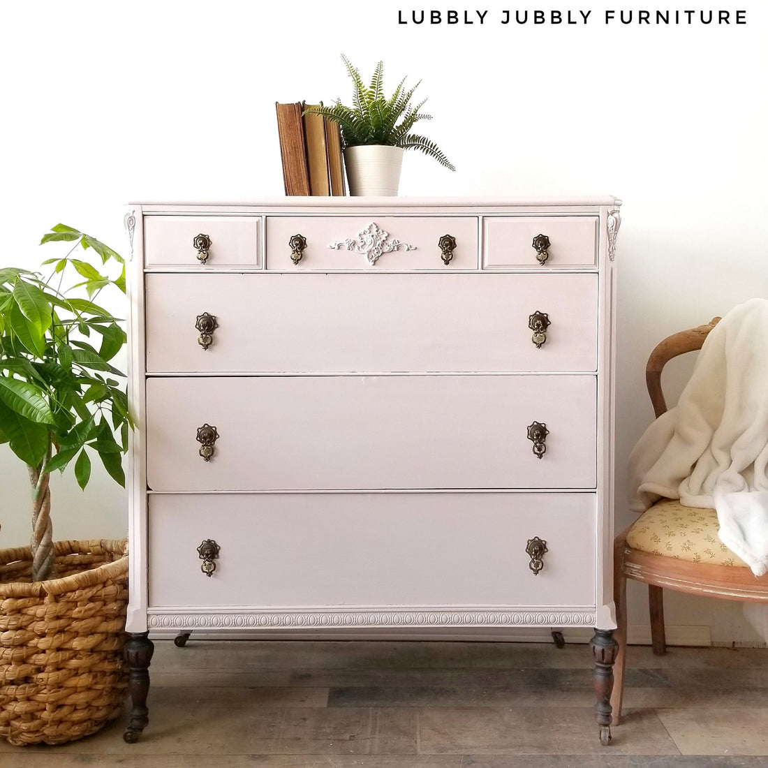 Dresser in "Darling" with Black Hardware and Stained Legs