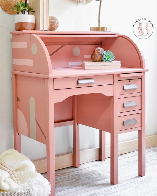 Vintage Roll Top Desk in "Peachy Keen" with Geometric Designs