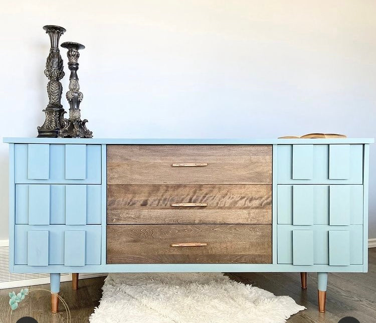 Mid century modern MCM dresser with stained wood drawers and painted blue