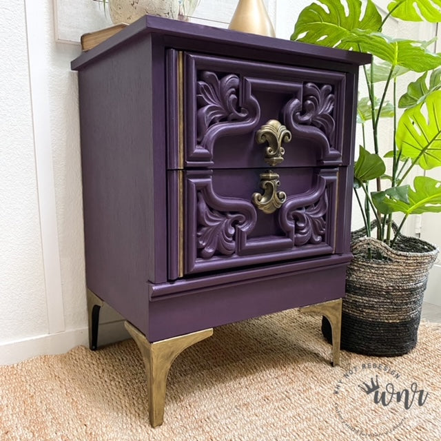 Ornate nightstand in "Opulence" with gold hardware