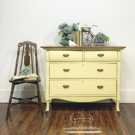 Empire Three Drawer Dresser in "Bee's Knees" with Natural Wood Top and Casters