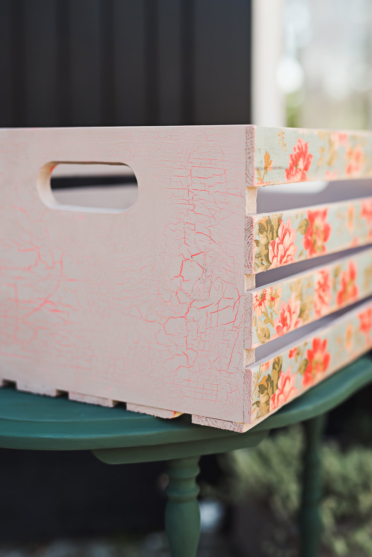 A wooden crate painted with Country Chic Paint Crackle Medium