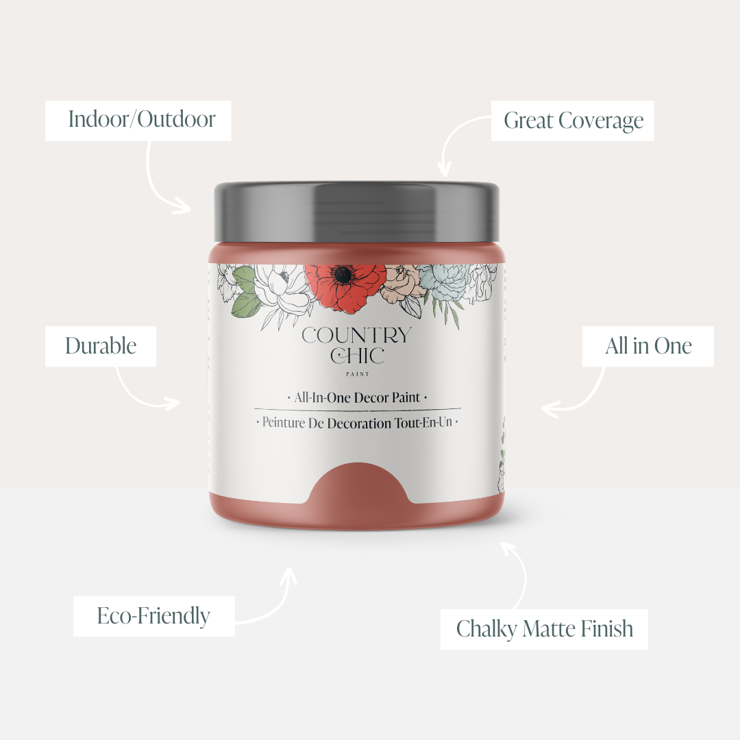 16oz jar of Country Chic Chalk Style All-In-One Paint in the color Peachy Keen showcasing the features