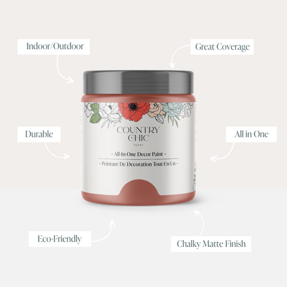 16oz jar of Country Chic Chalk Style All-In-One Paint in the color Peachy Keen showcasing the features