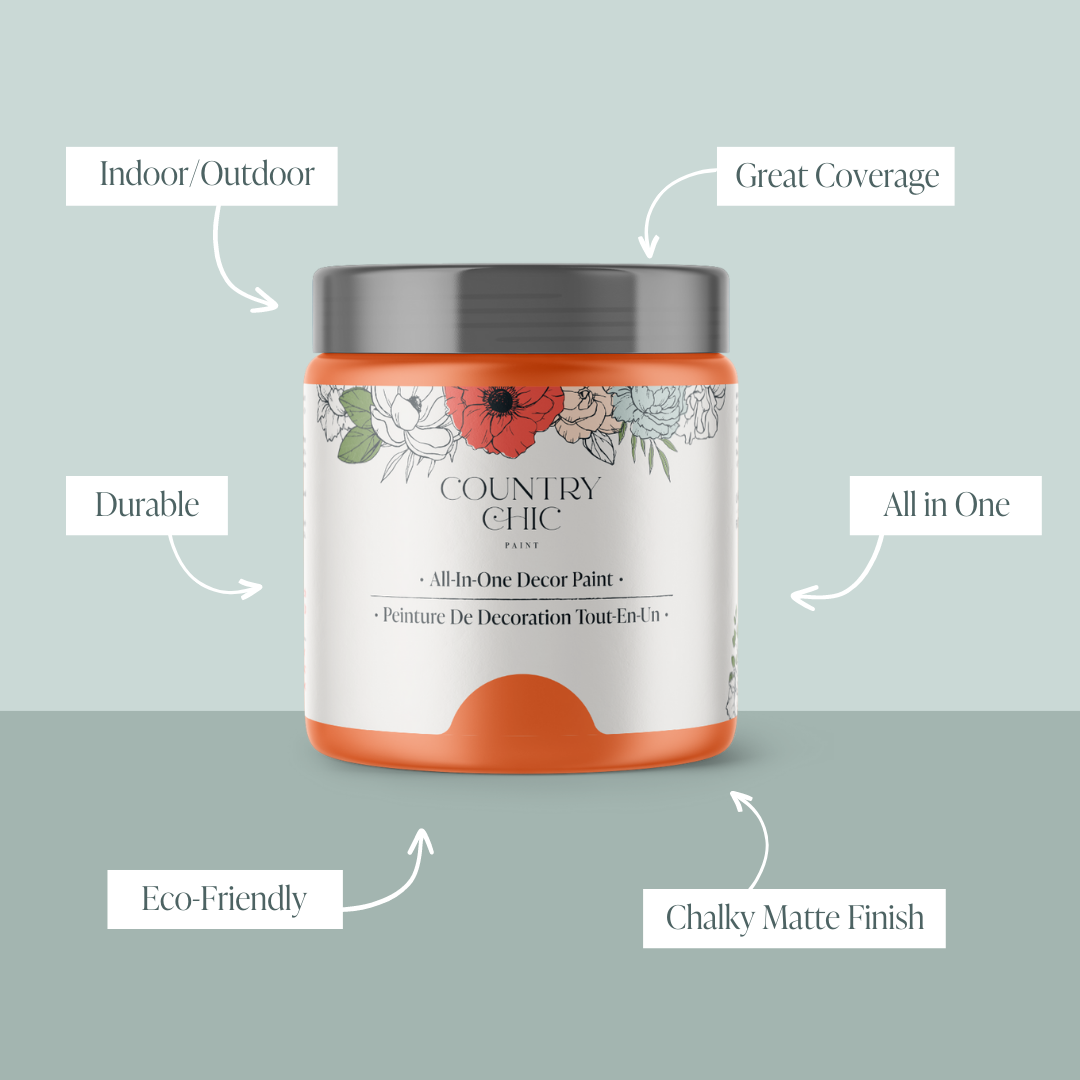 16oz jar of Country Chic Chalk Style All-In-One Paint in the color Persimmon showcasing the features