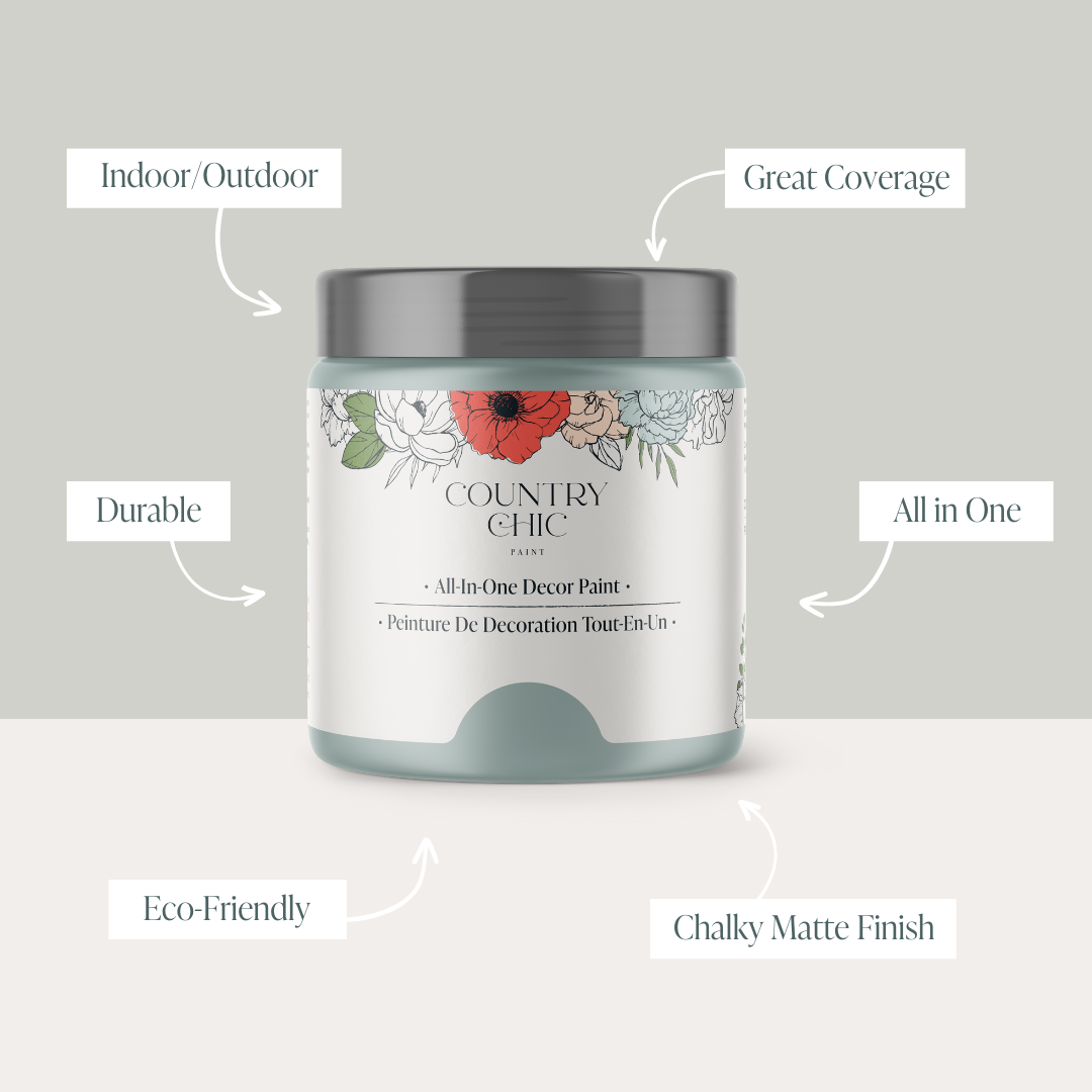 16oz jar of Country Chic Chalk Style All-In-One Paint in the color Elegance showcasing the features