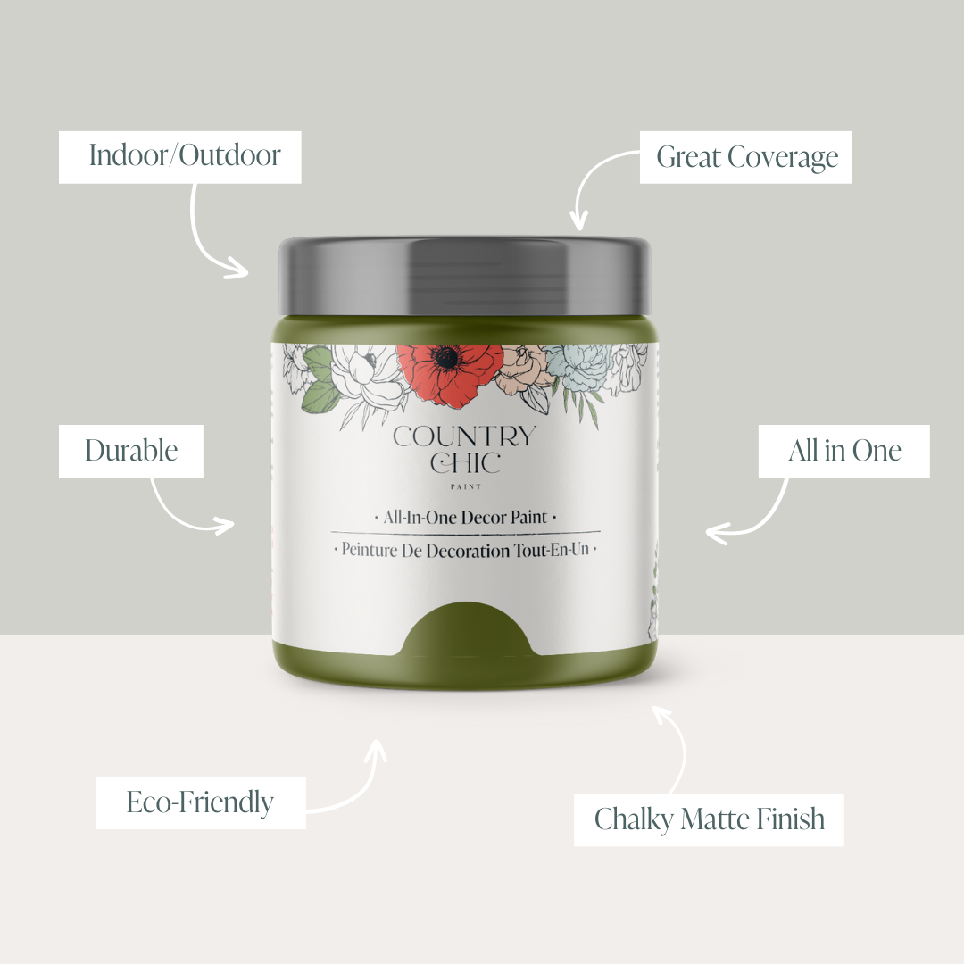 16oz jar of Country Chic Chalk Style All-In-One Paint in the color Secret Garden showcasing the features