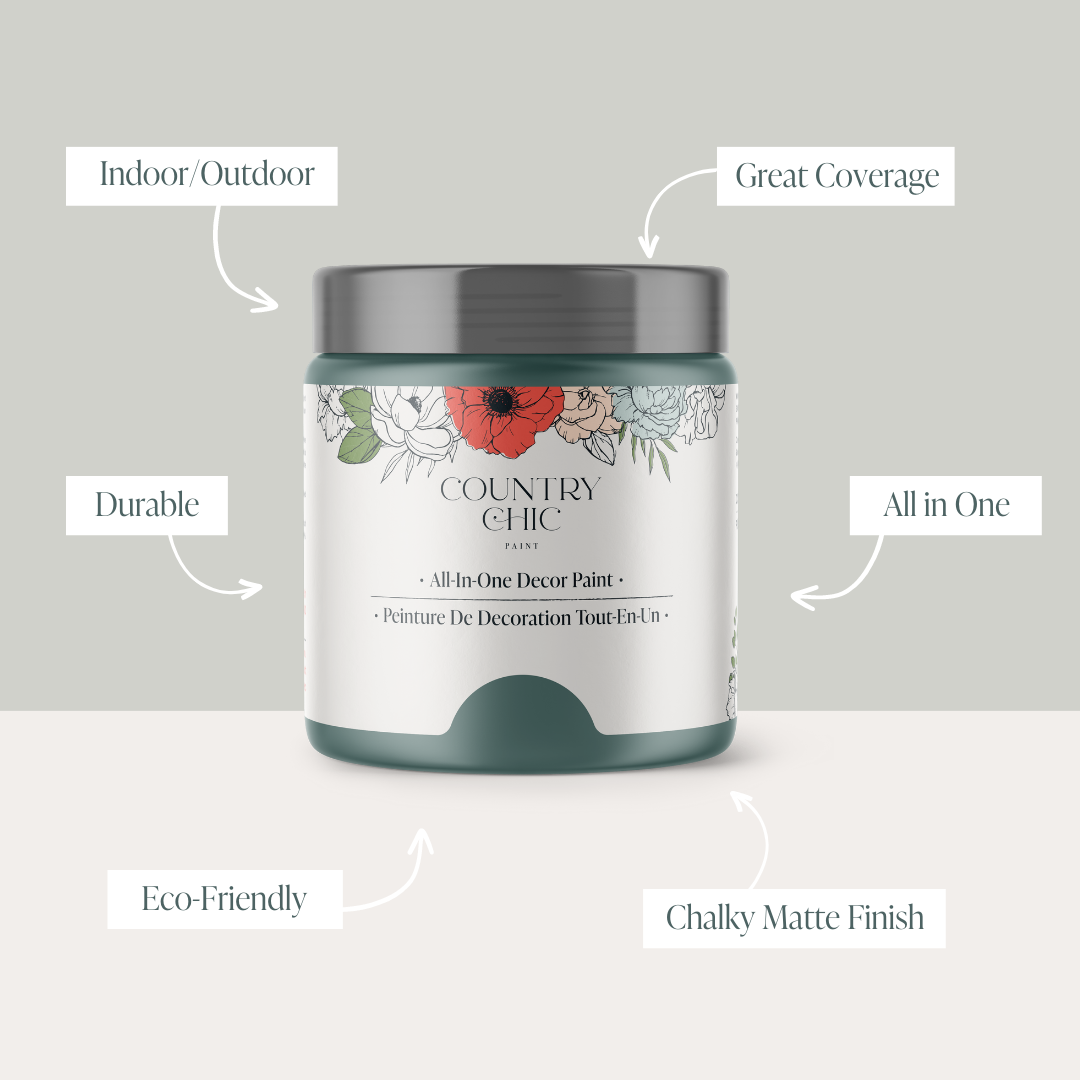 16oz jar of Country Chic Chalk Style All-In-One Paint in the color Wanderess showcasing the features