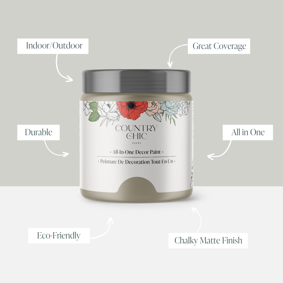 16oz jar of Country Chic Chalk Style All-In-One Paint in the color Soiree showcasing the features