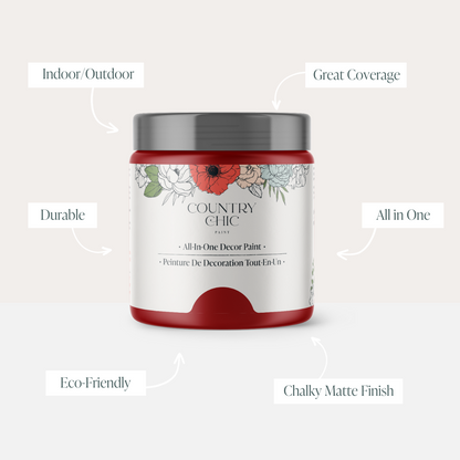 16oz jar of Country Chic Chalk Style All-In-One Paint in the color Poppy showcasing the features