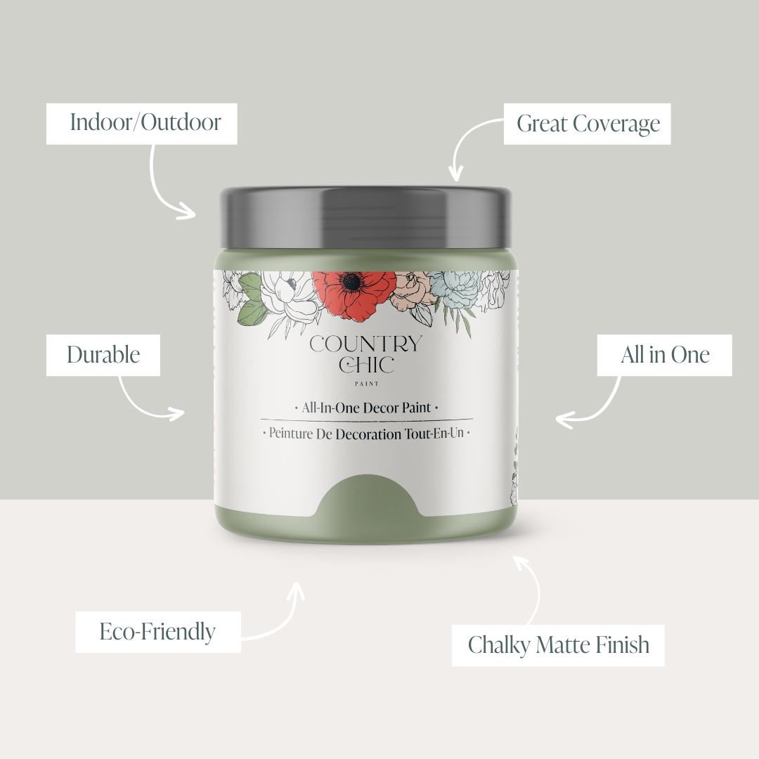 16oz jar of Country Chic Chalk Style All-In-One Paint in the color Sage Advice showcasing the features