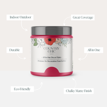 16oz jar of Country Chic Chalk Style All-In-One Paint in the color Raspberry Sorbet showcasing the features