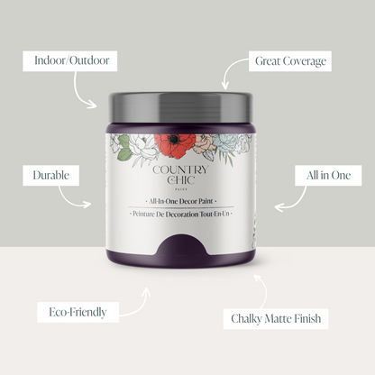 16oz jar of Country Chic Chalk Style All-In-One Paint in the color Opulence showcasing the features