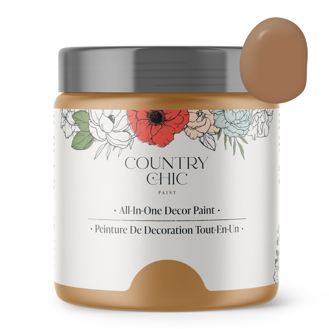 16oz jar of Country Chic Chalk Style All-In-One Paint in the color Ancient Ember. Terracotta brown.