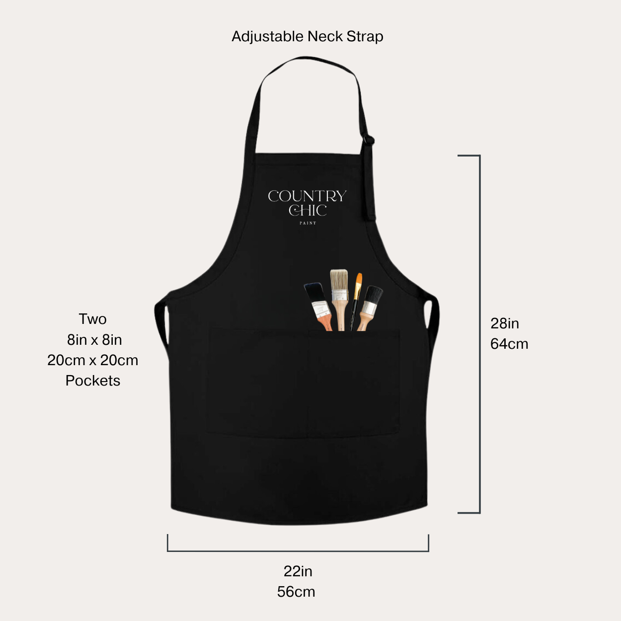 Country Chic Paint apron mockup with dimensions - one size fits all black painting apron