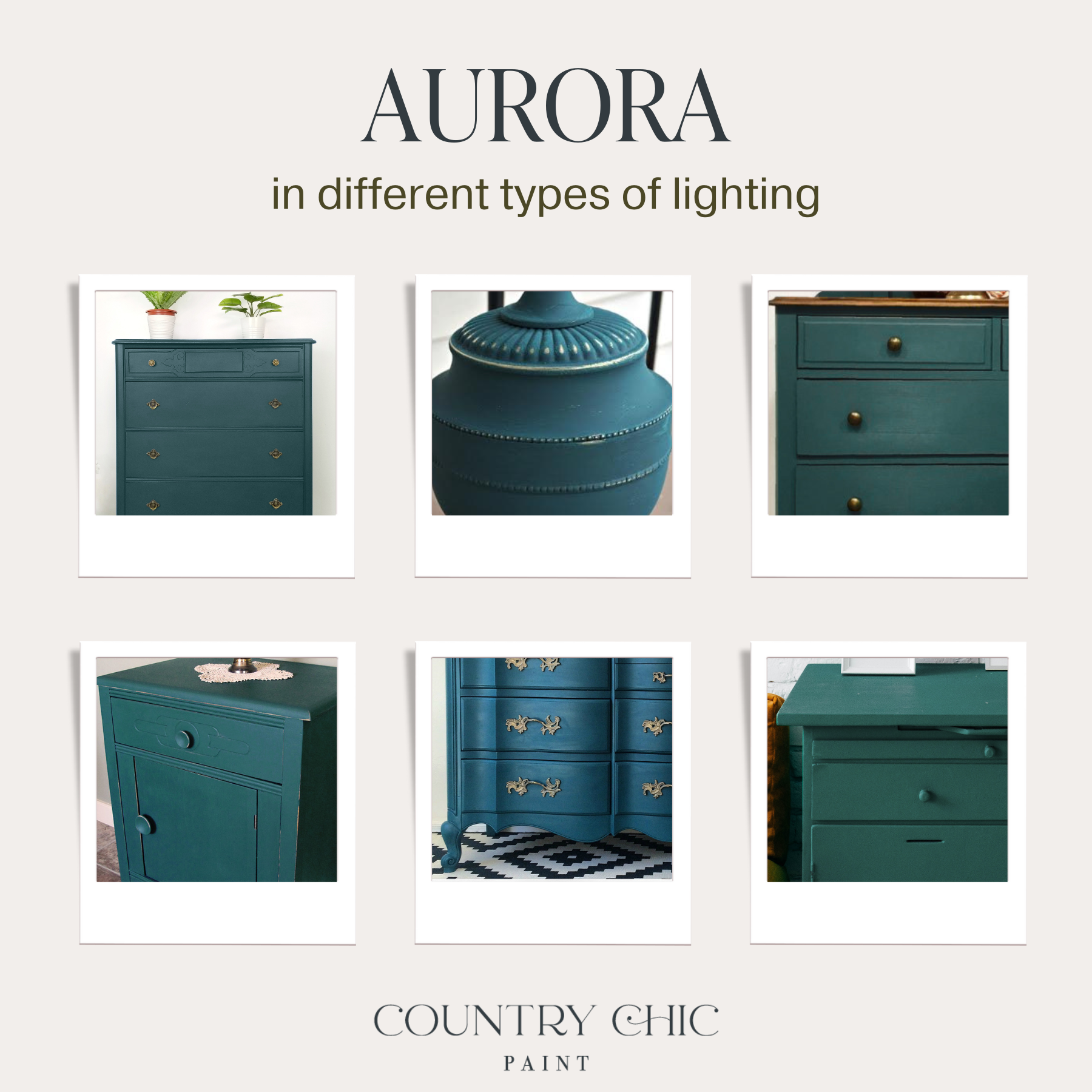 Deep teal blue green chalk furniture paint Aurora by Country Chic Paint furniture examples in different lighting