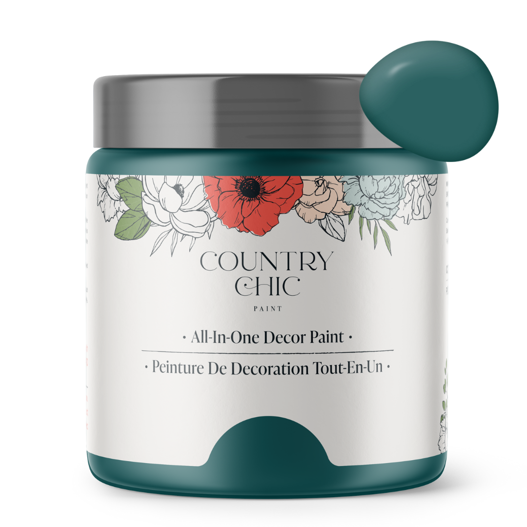 16oz jar of Country Chic Chalk Style All-In-One Paint in the color Aurora. Deep teal blue.