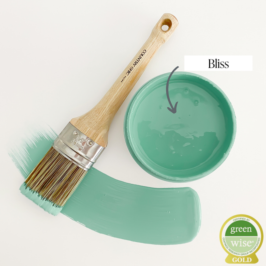 Top view of an open 16oz jar of Country Chic Chalk Style All-In-One Paint in the color Bliss. Muted teal.