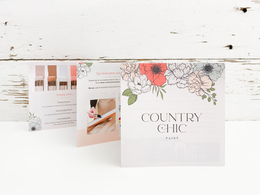 Front and back view of Country Chic Paint brochure standing up