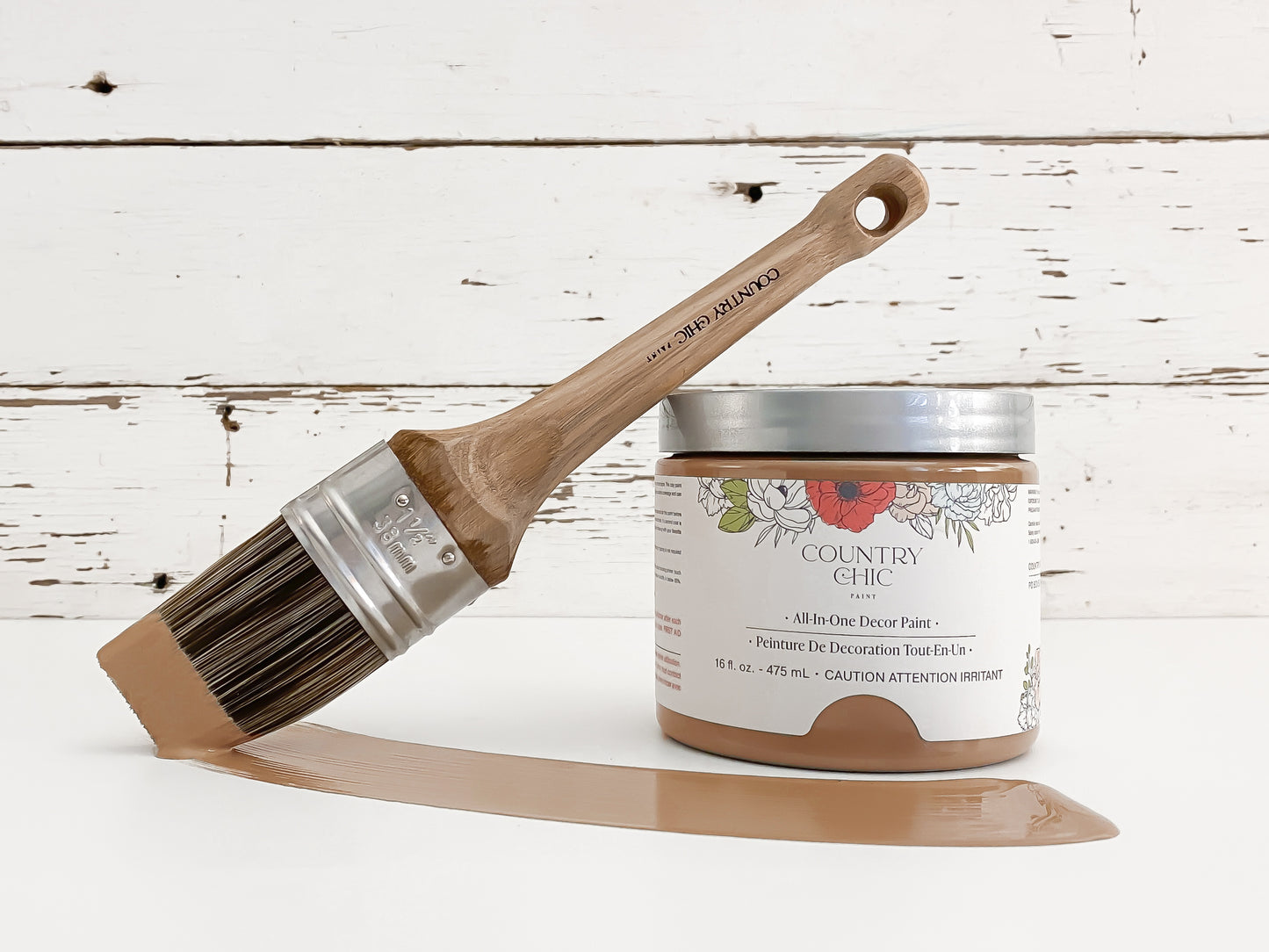 16oz jar of Country Chic Chalk Style All-In-One Paint in the color Ancient Ember. Terracotta brown.