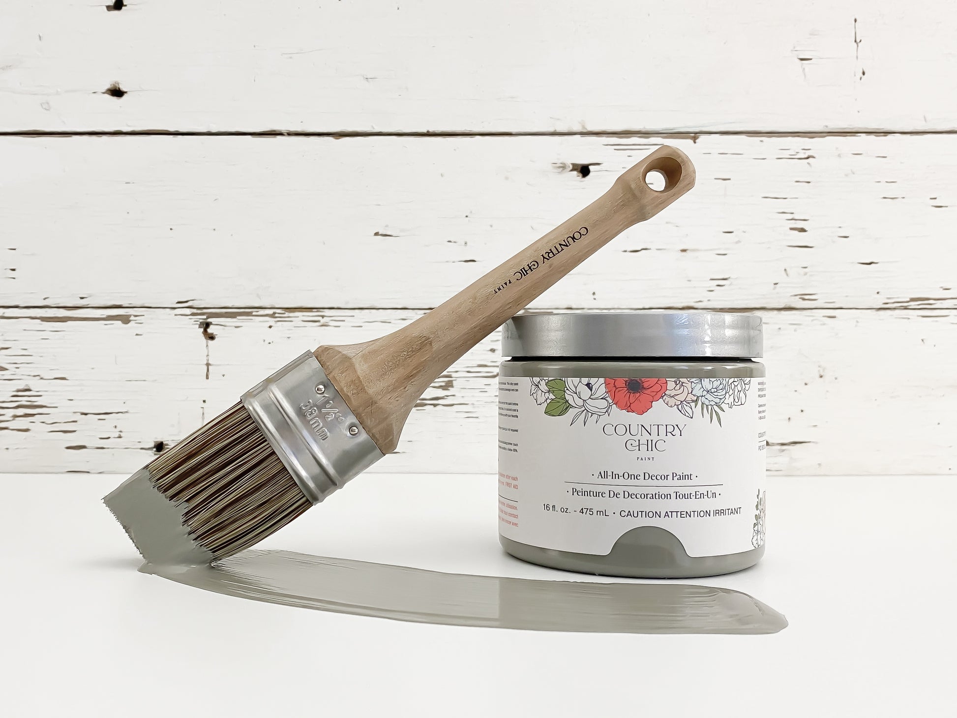 16oz jar of Country Chic Chalk Style All-In-One Paint in the color Cobblestone. Mid-tone grey.