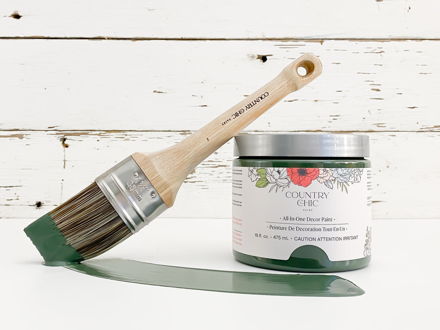 16oz jar of Country Chic Chalk Style All-In-One Paint in the color Hollow Hill. Dark green.