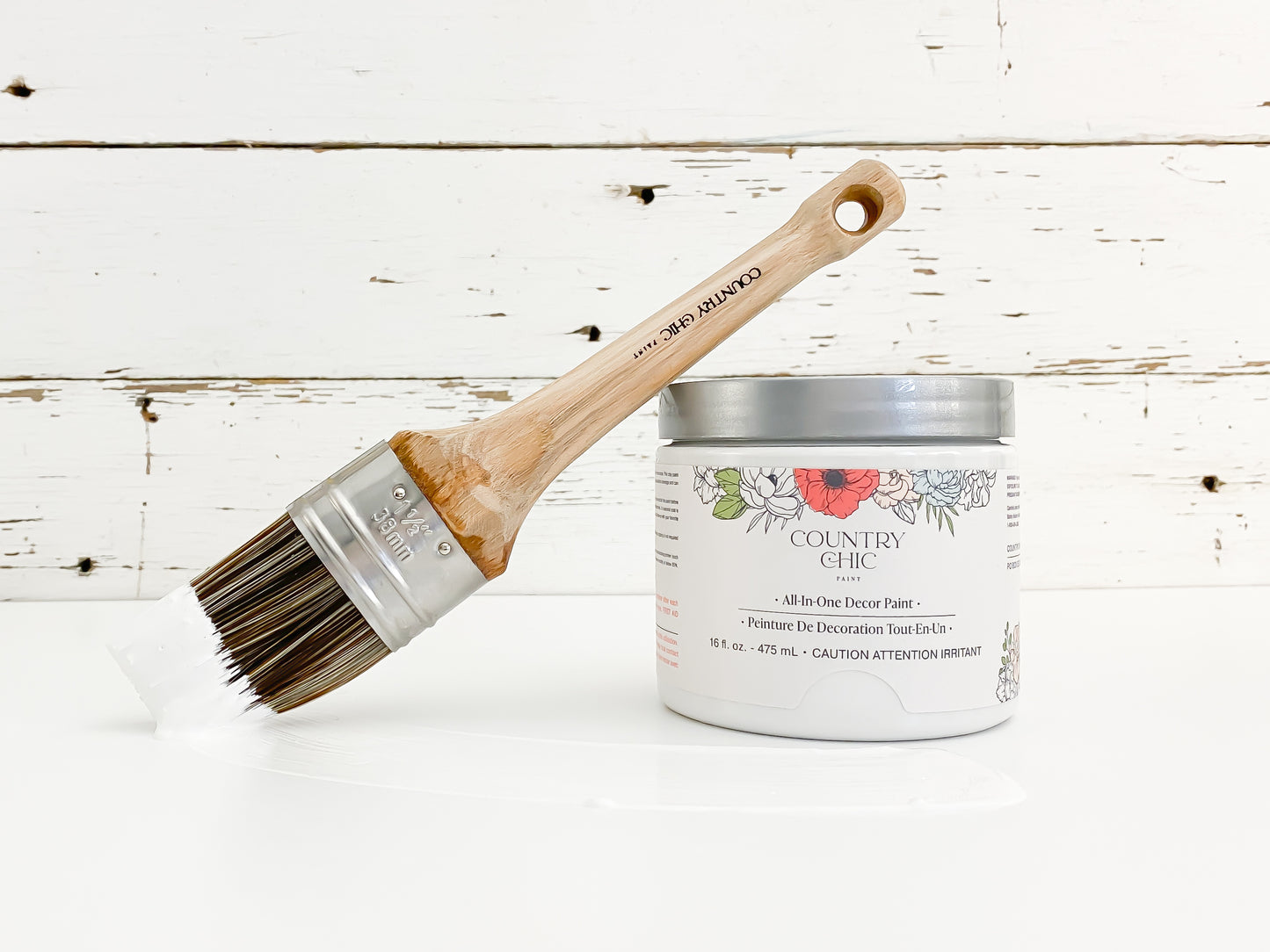 16oz jar of Country Chic Chalk Style All-In-One Paint in the color Simplicity. Pure white.