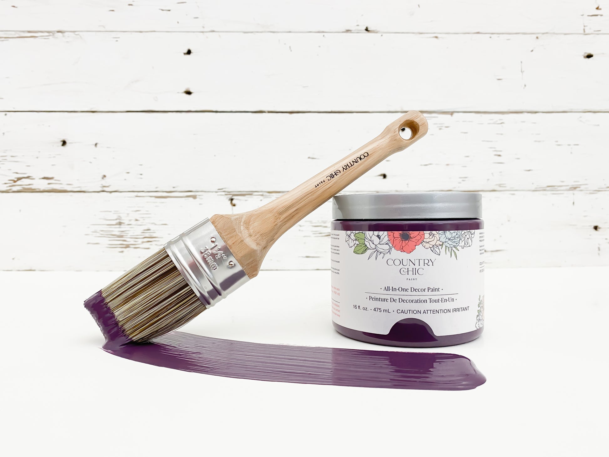 16oz jar of Country Chic Chalk Style All-In-One Paint in the color Opulence. Deep purple.