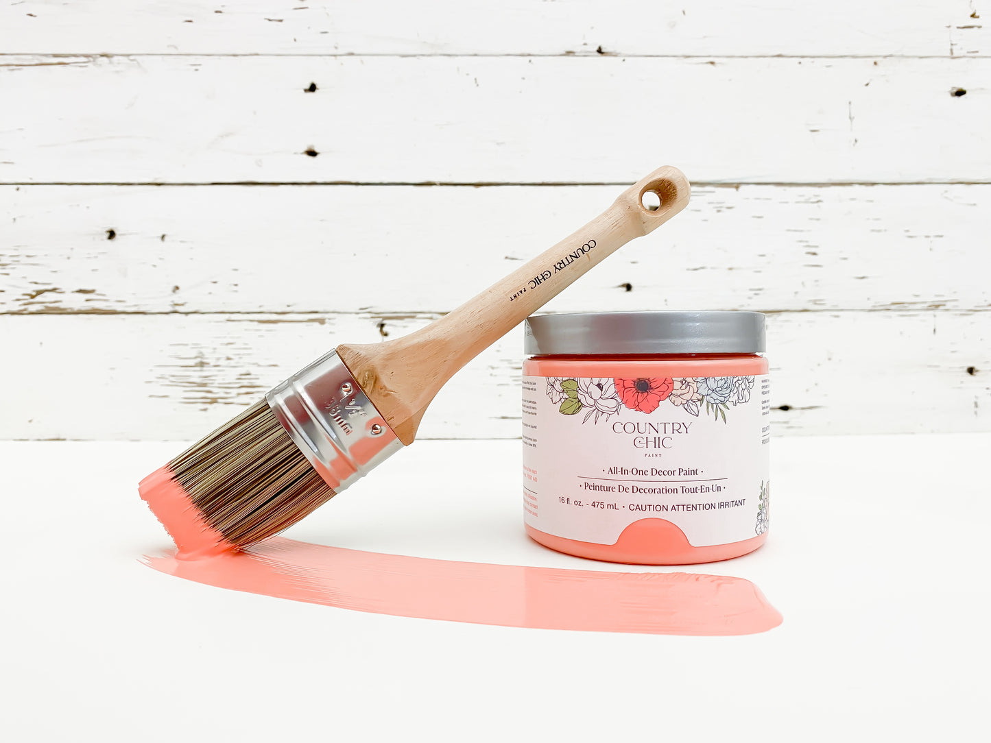 16oz jar of Country Chic Chalk Style All-In-One Paint in the color Sunset Glow. Warm Coral.