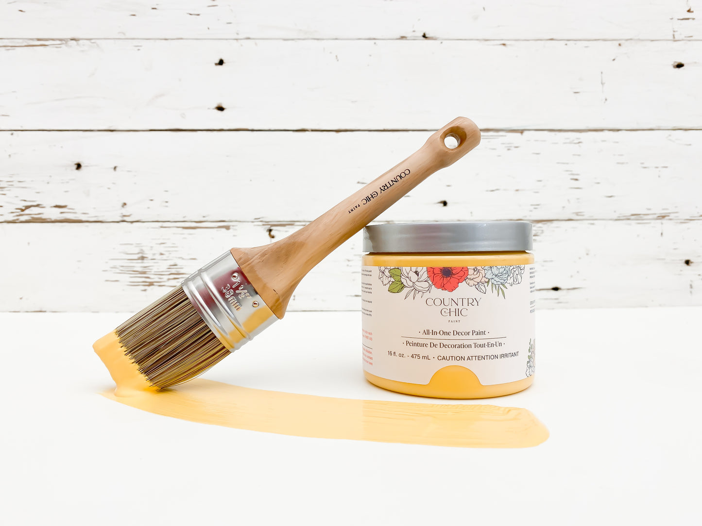 16oz jar of Country Chic Chalk Style All-In-One Paint in the color Yellow Wellies. Sunflower Yellow.