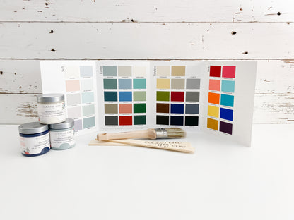 Inside View of Country Chic Paint Color Card propped up with paint jars