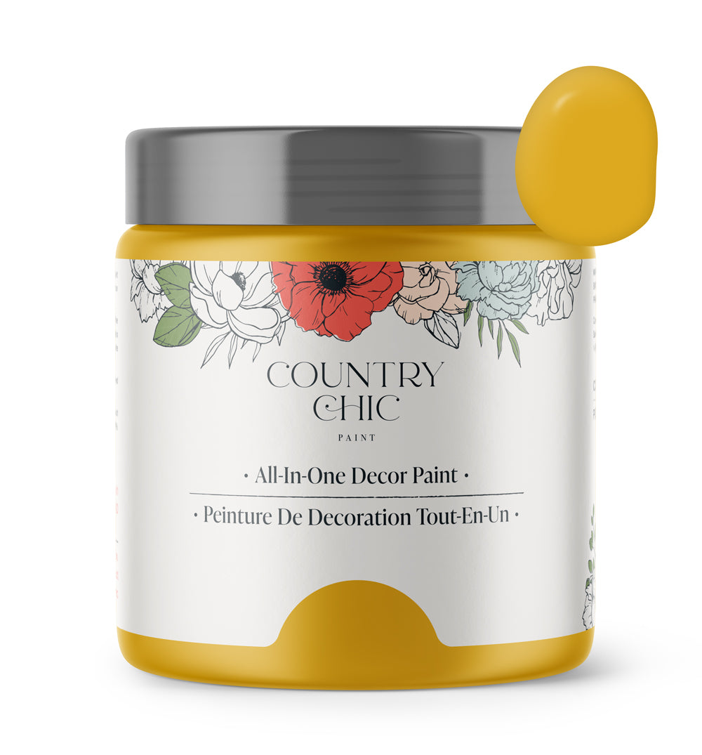 16oz jar of Country Chic Chalk Style All-In-One Paint in the color Fresh Mustard. Mustard yellow.